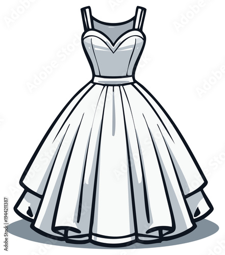 Elegant white wedding dress illustration, a-line skirt design, sleeveless bodice with straps.