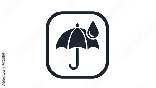 Black and white icon of an open umbrella with a single large rain drop inside a rounded square border for weather info.