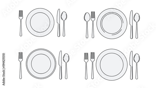Four different table place setting diagrams showing plates forks knives and spoons for formal and informal dining.