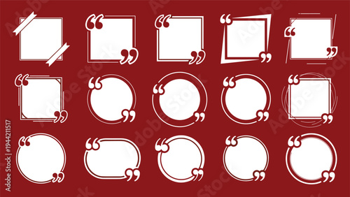 Large collection of white quote frames and speech bubbles with double commas on a dark red background for text layouts.