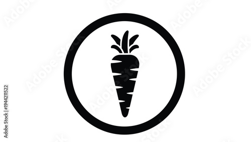 Simple black silhouette of a carrot inside a circular frame isolated on a white background for food related design.