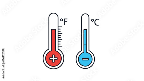 Two thermometers showing hot and cold temperatures with fahrenheit and celsius scales on a white background for weather.