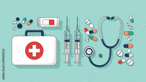 Comprehensive set of medical equipment including a first aid kit, syringes, stethoscope, and various pills on blue background.
