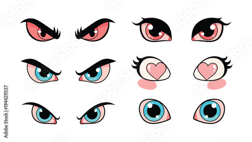 Collection of six pairs of expressive cartoon eyes with various emotions like angry loving and cute in anime style.