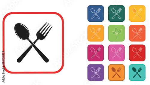 Large set of colorful square icons featuring a crossed spoon and fork for restaurant and dining applications menu design.