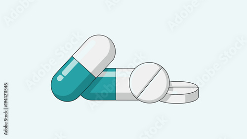 Group of teal and white capsules and round white tablets for medicine health and pharmaceutical concepts and treatment.