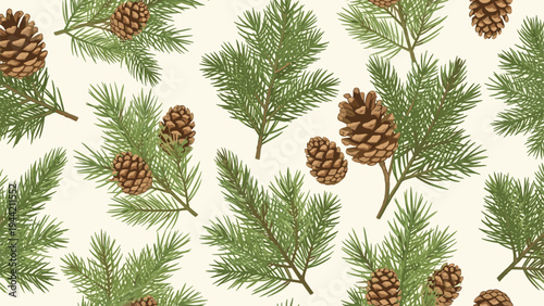 Detailed seamless pattern of pine cones and evergreen needles on a light background for winter and holiday decor.