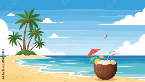 Beautiful tropical beach scene with white sand palm trees and a refreshing coconut cocktail with umbrellas.