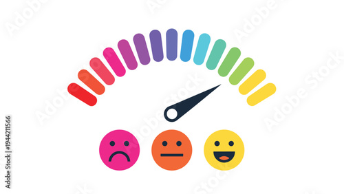 Colorful feedback scale with a needle pointer and three emoticons ranging from sad to happy for ratings and reviews.