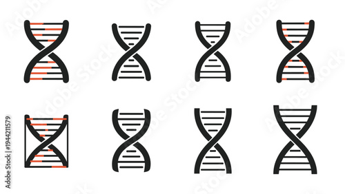 Eight different icons of dna double helix strands with various levels of detail for science and genetic research.
