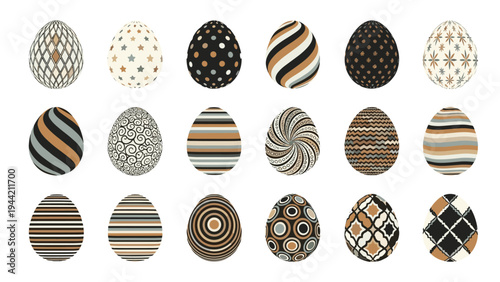 Set of fifteen decorative Easter eggs featuring a variety of intricate patterns and designs in a neutral earth tone color palette.