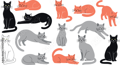Cute Cartoon Cats Vector Set with Different Sitting, Sleeping and Stretching Kitty Poses Adorable Domestic Pet Illustration Collection