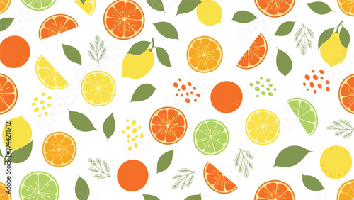 Vibrant seamless pattern of fresh citrus fruit slices including lemons, limes, and oranges with green leaves on a white backdrop.