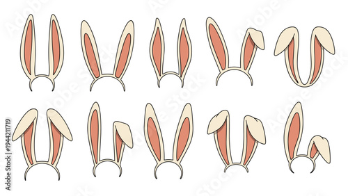 Collection of ten different styles of bunny ear headbands including straight and flopped ears in soft pink and beige colors.