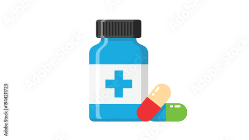 Flat vector illustration of a blue medicine bottle with a white label and medical cross next to red, green, and yellow capsules.