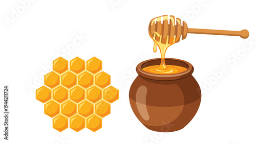 Illustration of a wooden honey dipper dripping golden honey into a ceramic pot next to a section of natural geometric honeycomb.