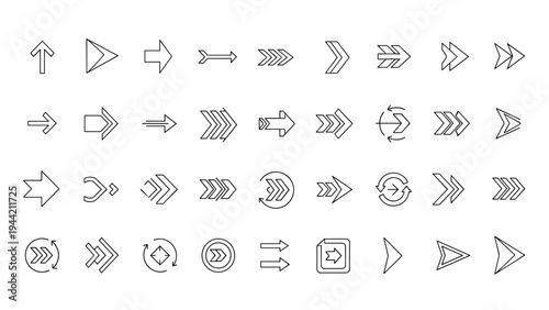 Large and diverse collection of arrow icons in a minimalist black outline style pointing in many different directions and shapes.