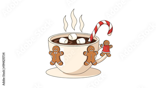 Festive mug filled with hot chocolate and marshmallows decorated with a candy cane and several gingerbread man cookies on white.