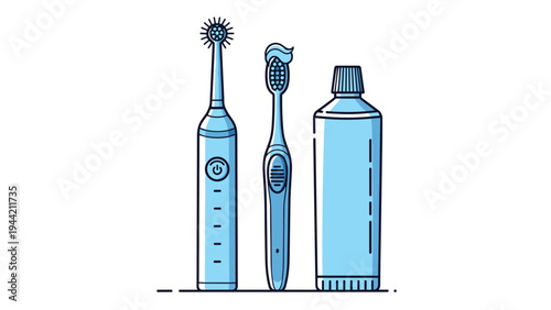 Flat line illustration of dental hygiene products including an electric toothbrush, a manual toothbrush, and a tube of toothpaste.