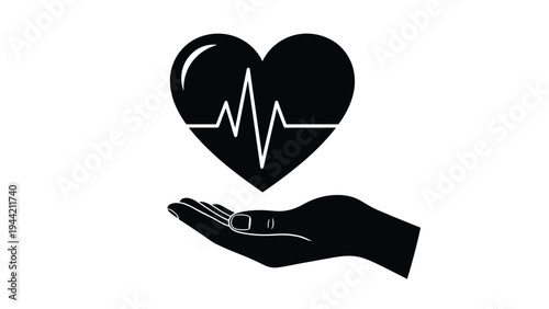 Solid black silhouette of a heart containing a white ECG pulse line being gently supported by a human hand for health concepts.