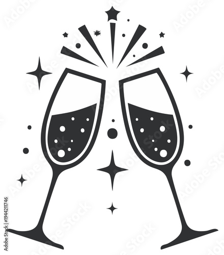 Two toasting champagne glasses with stars and bubbles, celebration, festive occasion, event, vector graphic, holiday toast