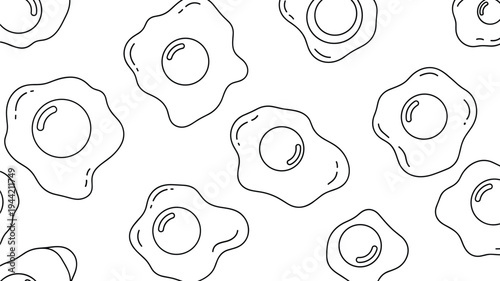 Pattern of hand-drawn black outlines of fried eggs or sunny side up eggs scattered randomly over a clean white background.