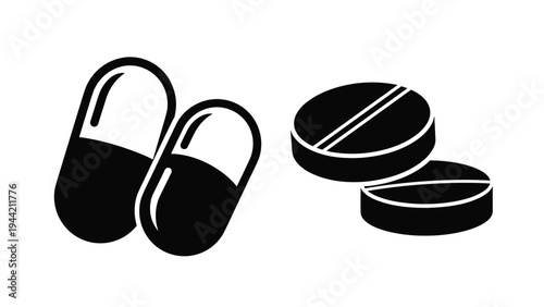 Minimalist black and white icons of medical capsules and tablets used for healthcare, pharmacy, and medication related designs.