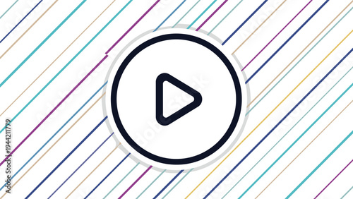 Simple black play button icon centered on a modern background of various colorful diagonal lines for multimedia or video.