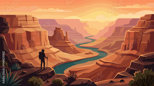 A lone hiker stands on the edge of a cliff, overlooking the majestic Grand Canyon at sunset, enjoying the colorful landscape and the turquoise river below.