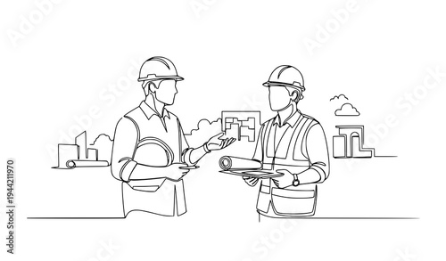 Two construction workers discussing plans on a building site