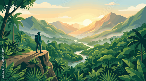 Illustrated hiker with backpack standing atop a cliff overlooking a lush green valley with palm trees, river, and mountains bathed in the warm light of a sunrise, creating a sense of adventure.