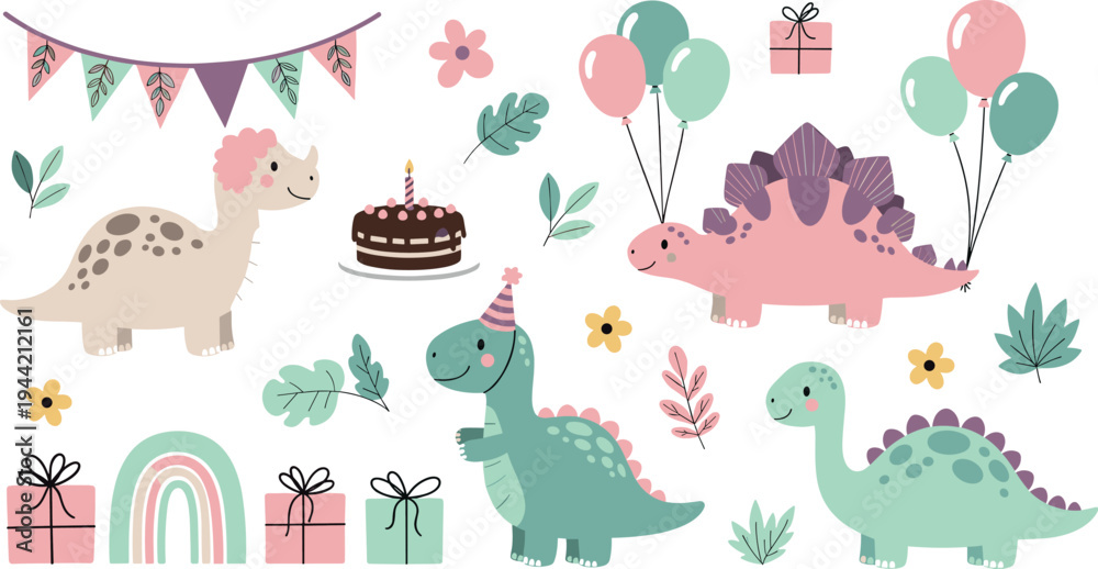 Fototapeta premium Cute Cartoon Dinosaurs Birthday Party Vector Set with Cake, Balloons, Gifts and Rainbow Kids Celebration Illustration