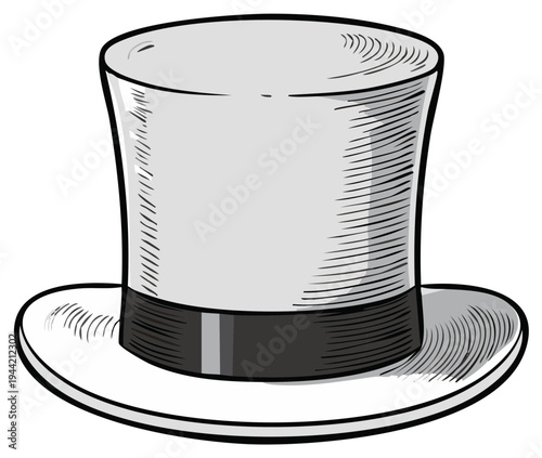 Illustrated top hat with brim in vintage style, classic attire design