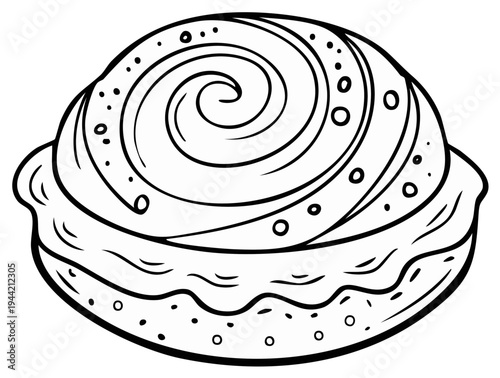 Black and white illustration of a delicious cinnamon roll bakery treat drawing.