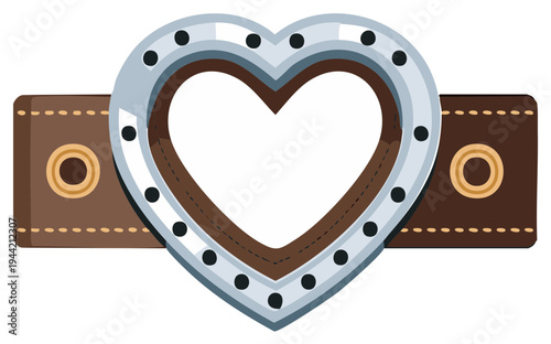 Illustration of a heart shaped metal buckle with studs on a brown leather belt