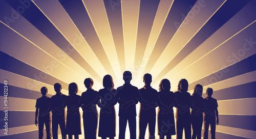 Diverse group of people standing together in silhouette against bright rays.