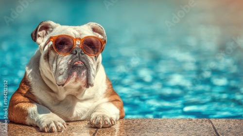 Bulldog relaxes by the pool wearing sunglasses during a sunny day in summer