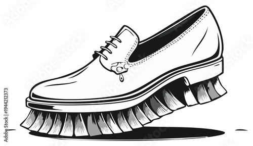 Stylized Black and White Illustration of a Shoe with Bristles on its Sole