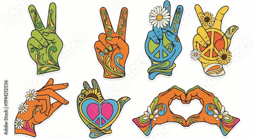 Colorful peace signs and hand gestures from the 1960s.