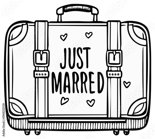 Hand-drawn illustration of a vintage suitcase with 'Just Married' text and hearts, symbolizing honeymoon travel.