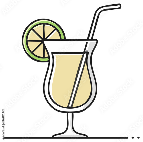 Tropical cocktail illustration in tall glass with lime garnish and straw Refreshing cool summer beverage