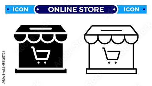 Online Store Front with Shopping Cart for E commerce Marketplace Vector Icon Set