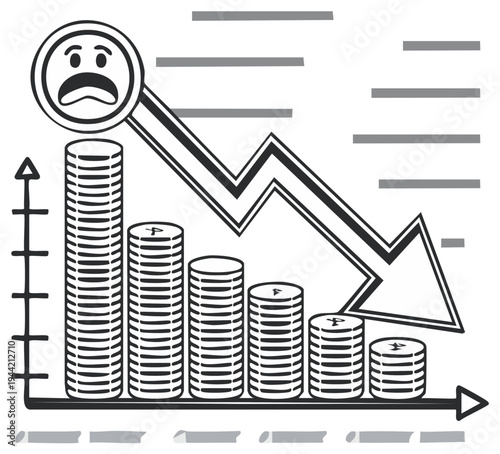 Declining Finances Graph Showing Decreasing Stack of Coins with a Frowning Emoticon Symbolizing Financial Crisis