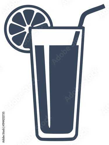 Tall glass of juice with lemon slice and straw, icon