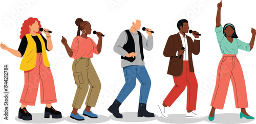 Set of diverse people singing with microphones, collection of happy men and women performing on stage or karaoke flat vector illustration