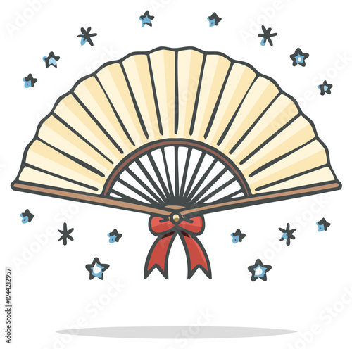 Cartoon illustration of a traditional folding fan with decorative stars