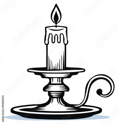 Vintage candlestick with burning candle black and white vector illustration. Classic antique candle holder line art.