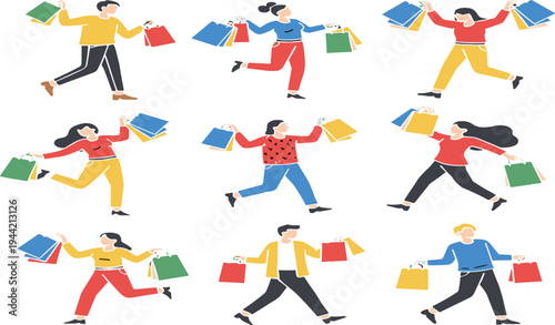 Set of happy people with shopping bags, collection of young men and women running and jumping after big sale flat vector illustration