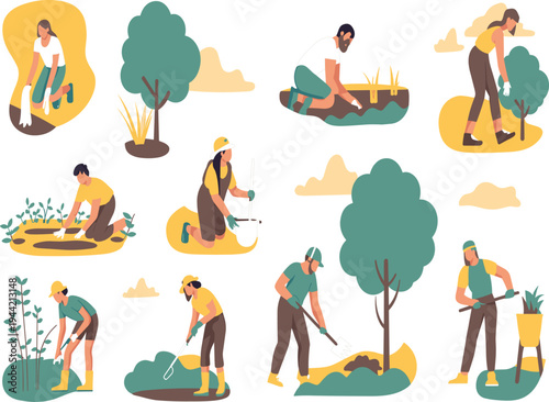 Gardeners working in garden set, people planting trees, farming agriculture, outdoor backyard work flat vector illustration