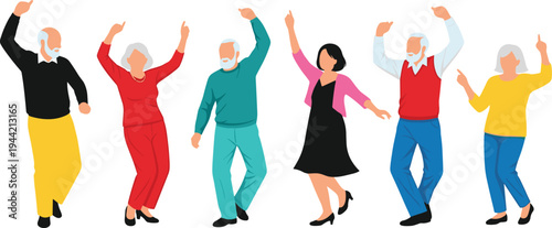 Set of happy elderly people dancing, collection of active senior men and women having fun and celebrating flat vector illustration